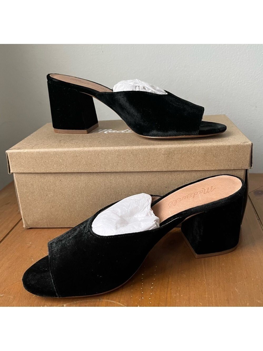 Madewell Women’s Beatriz Trendy Black Velvet Mules Open Toe Block Heel
